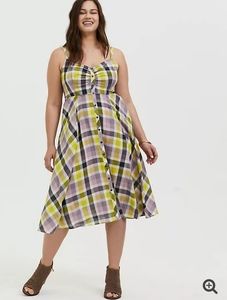 MULTI PLAID CHALLIS BUTTON FRONT MIDI DRESS